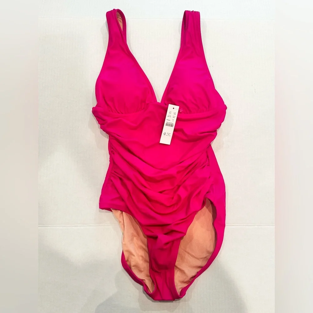 J. CREW Ruched V-Neck One Piece Swimsuit Women's 8 Radiant Fuchsia BC116‎ Beach